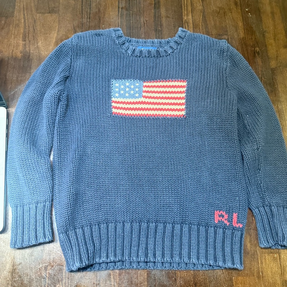 Polo Ralph Lauren Iconic Navy Blue American Flag Cotton Knit Sweater Jumper 6